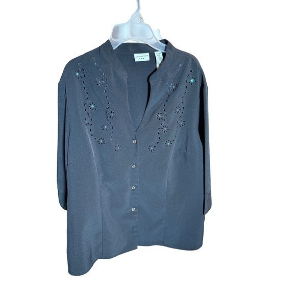 Covington Black Button Front Embroidered Flower Detail V-Neck Blouse Top XL 18 - Picture 2 of 5